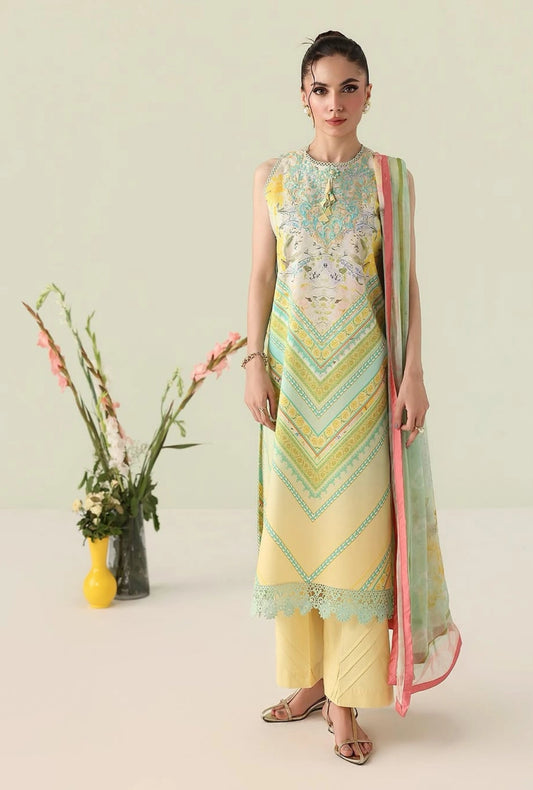 Roheenaz Rosette Bloomed Muse 3-Piece Unstitched Lawn Suit | Printed Shirt with Embroidered Neckline & Chiffon Dupatta