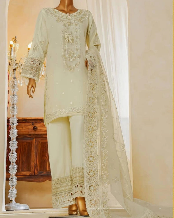 Shaadmaani By HZ 3 Piece Luxury Embroidered Formal Suit Cream Butter (HZK-217)