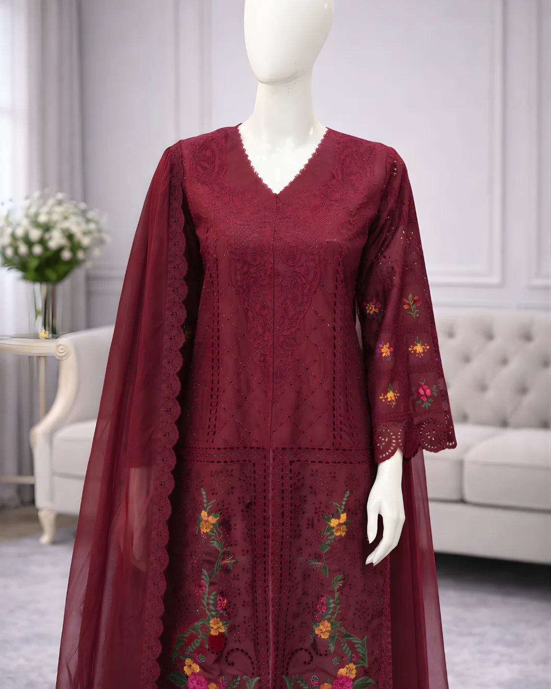 Pasand of Lahore 3-Piece Premium Viscose Suit – Mehroon (PL-361)