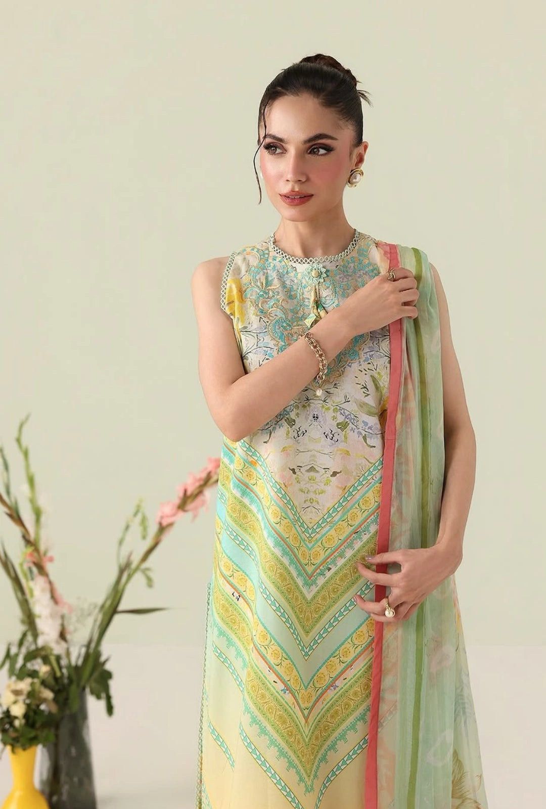 Roheenaz Rosette Bloomed Muse 3-Piece Unstitched Lawn Suit | Printed Shirt with Embroidered Neckline & Chiffon Dupatta