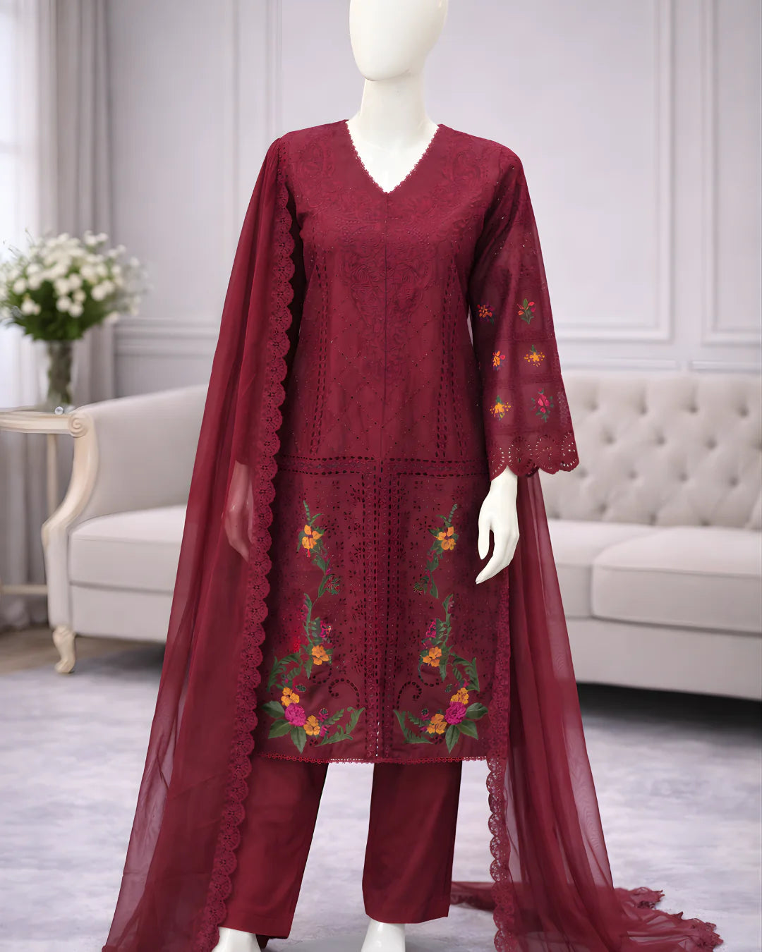 Pasand of Lahore 3-Piece Premium Viscose Suit – Mehroon (PL-361)