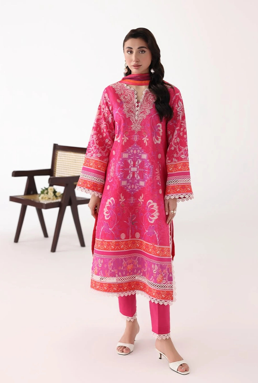 Roheenaz Rosette  Lumina 3-Piece Unstitched Lawn Suit | Printed Shirt with Embroidered Neckline & Chiffon Dupatta