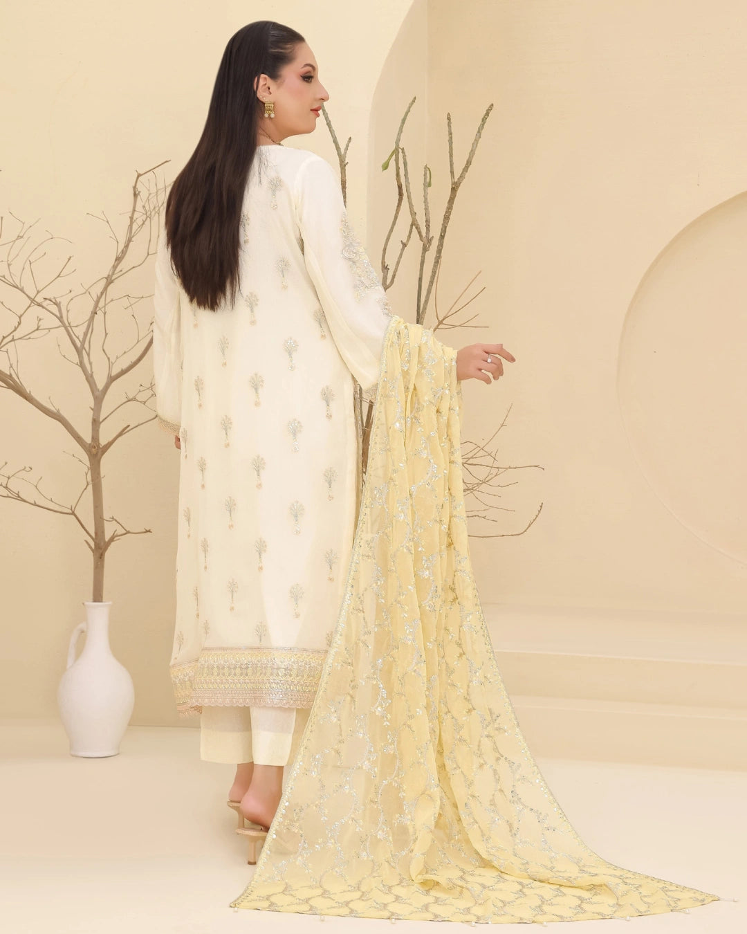Embroidered Bamber Chiffon Suit With La Bella Viscose Jacquard Trouser D-001