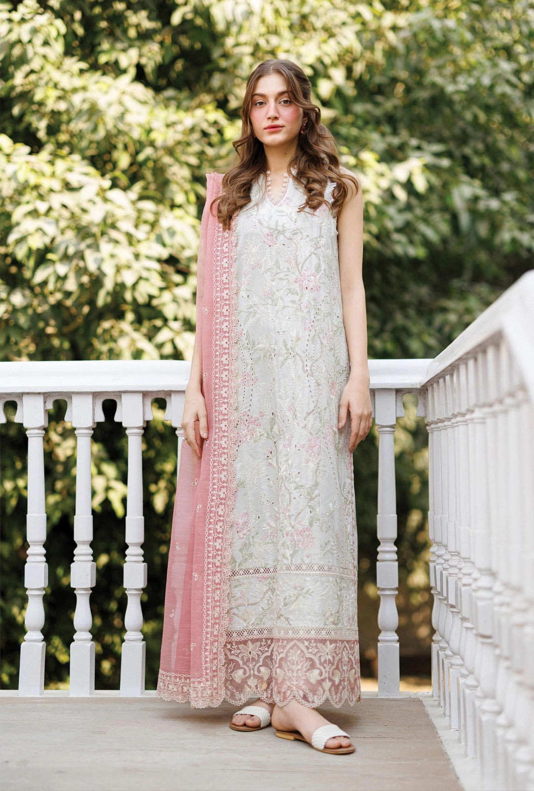 Afrozeh AUREVIA 3-Piece Unstitched Lawn Suit | Ivory Floral Embroidered Shirt with Sheer Blush Dupatta