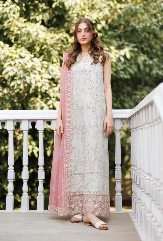 Afrozeh AUREVIA 3-Piece Unstitched Lawn Suit | Ivory Floral Embroidered Shirt with Sheer Blush Dupatta