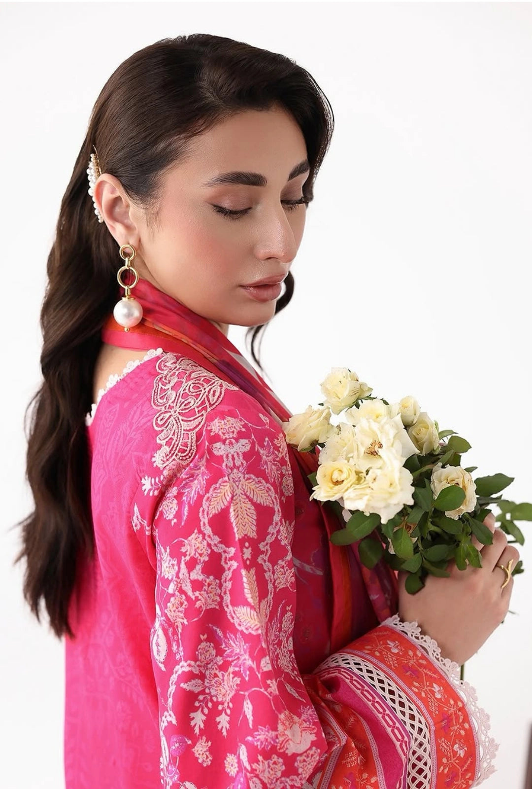 Roheenaz Rosette  Lumina 3-Piece Unstitched Lawn Suit | Printed Shirt with Embroidered Neckline & Chiffon Dupatta