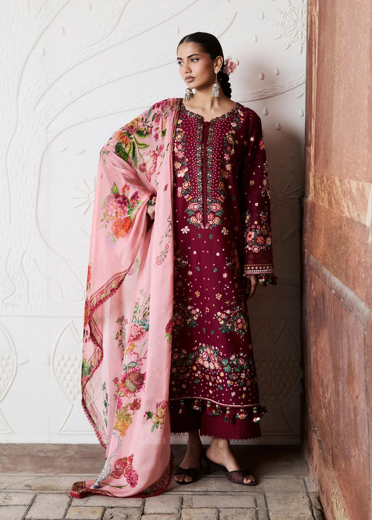Hussain Rehar by Zun - Embroidered Lawn 3 Piece Unstitched Suit – Maroon (Kestane)