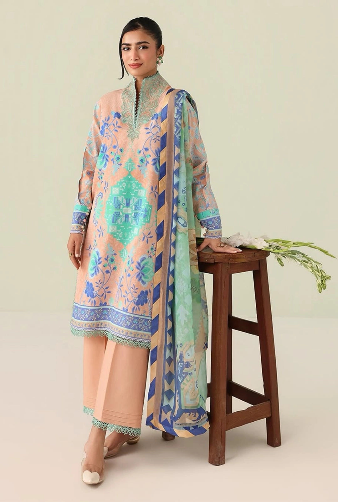 Roheenaz Rosette  Weave of Light 3-Piece Unstitched Lawn Suit | Printed Shirt with Embroidered Neckline & Chiffon Dupatta