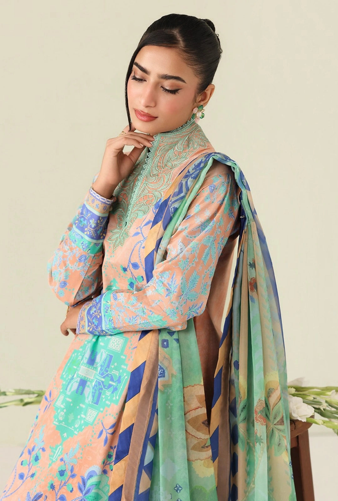 Roheenaz Rosette  Weave of Light 3-Piece Unstitched Lawn Suit | Printed Shirt with Embroidered Neckline & Chiffon Dupatta