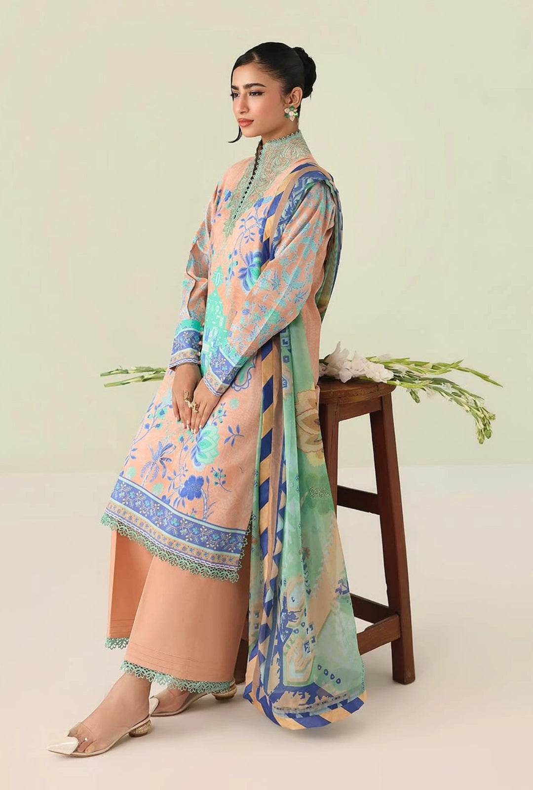 Roheenaz Rosette  Weave of Light 3-Piece Unstitched Lawn Suit | Printed Shirt with Embroidered Neckline & Chiffon Dupatta