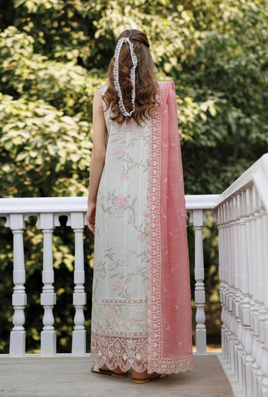 Afrozeh AUREVIA 3-Piece Unstitched Lawn Suit | Ivory Floral Embroidered Shirt with Sheer Blush Dupatta
