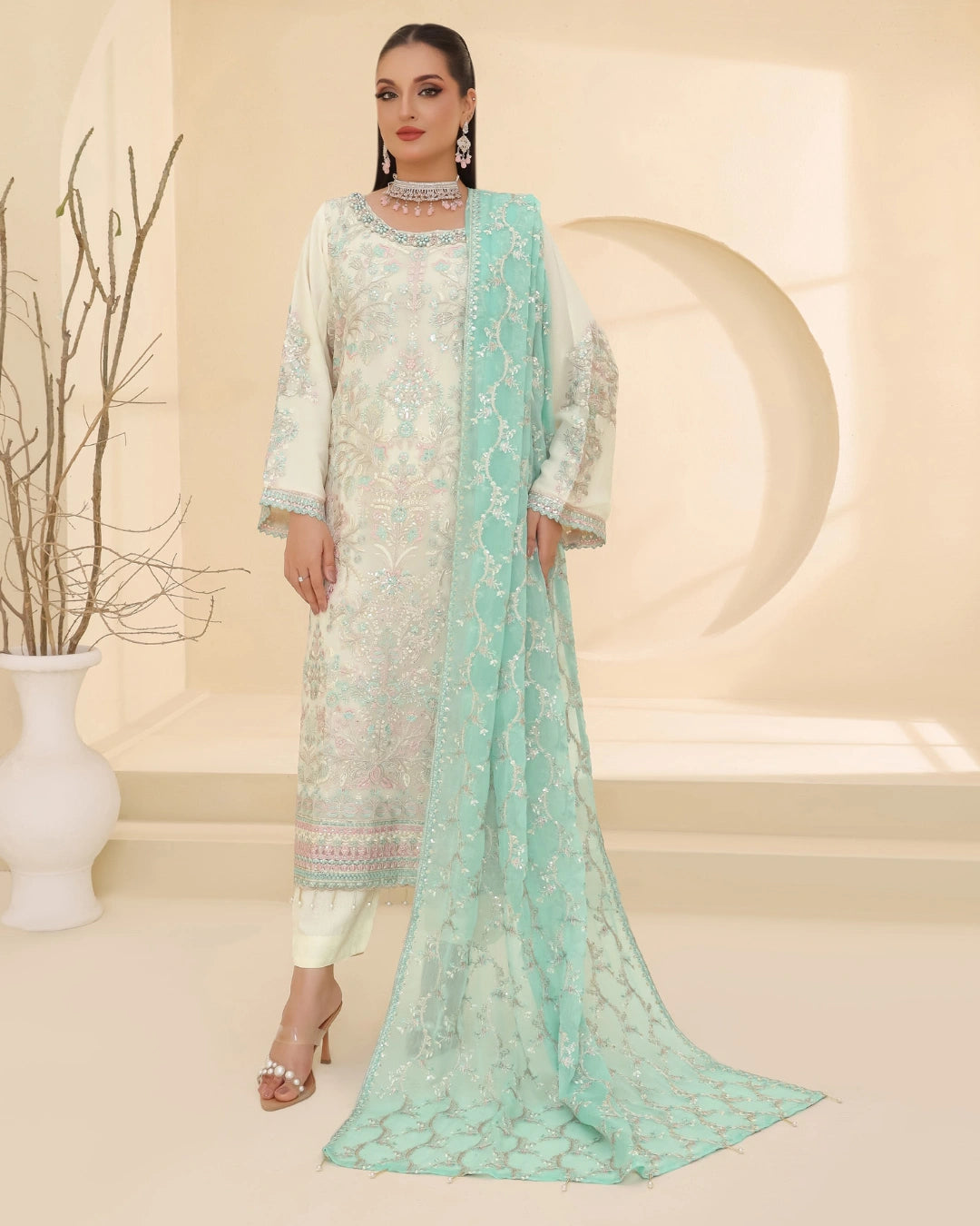 Embroidered Bamber Chiffon Suit With La Bella Viscose Jacquard Trouser D-002