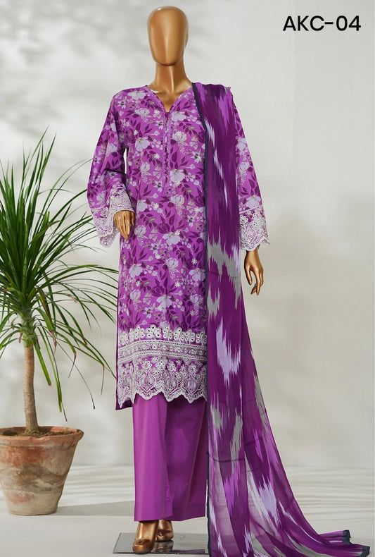 Amna Khadija Ismet Chikankari Embroidered Bana Dora Lawn Stitched 3-Piece Suit – AKC-04 | Purple | Summer Collection