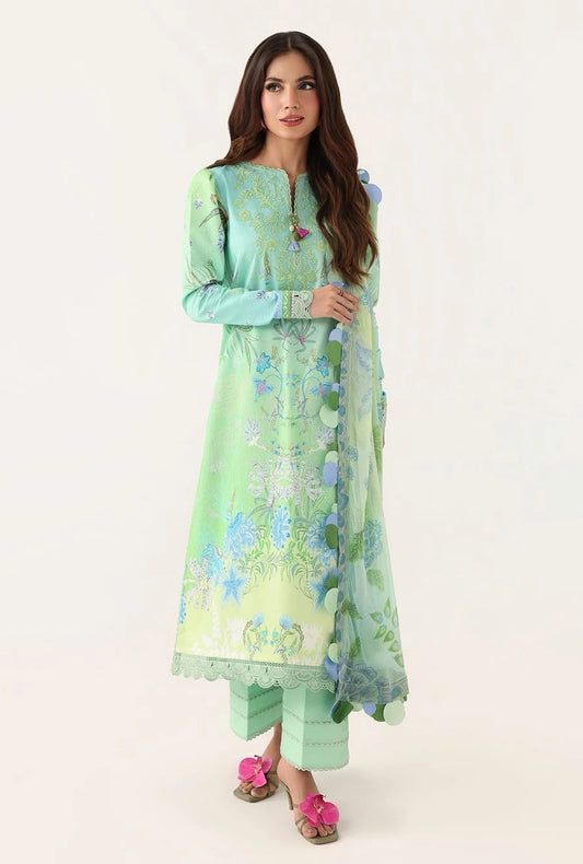 Roheenaz Rosette Morning Dew 3-Piece Unstitched Lawn Suit | Printed Shirt with Embroidered Neckline & Chiffon Dupatta