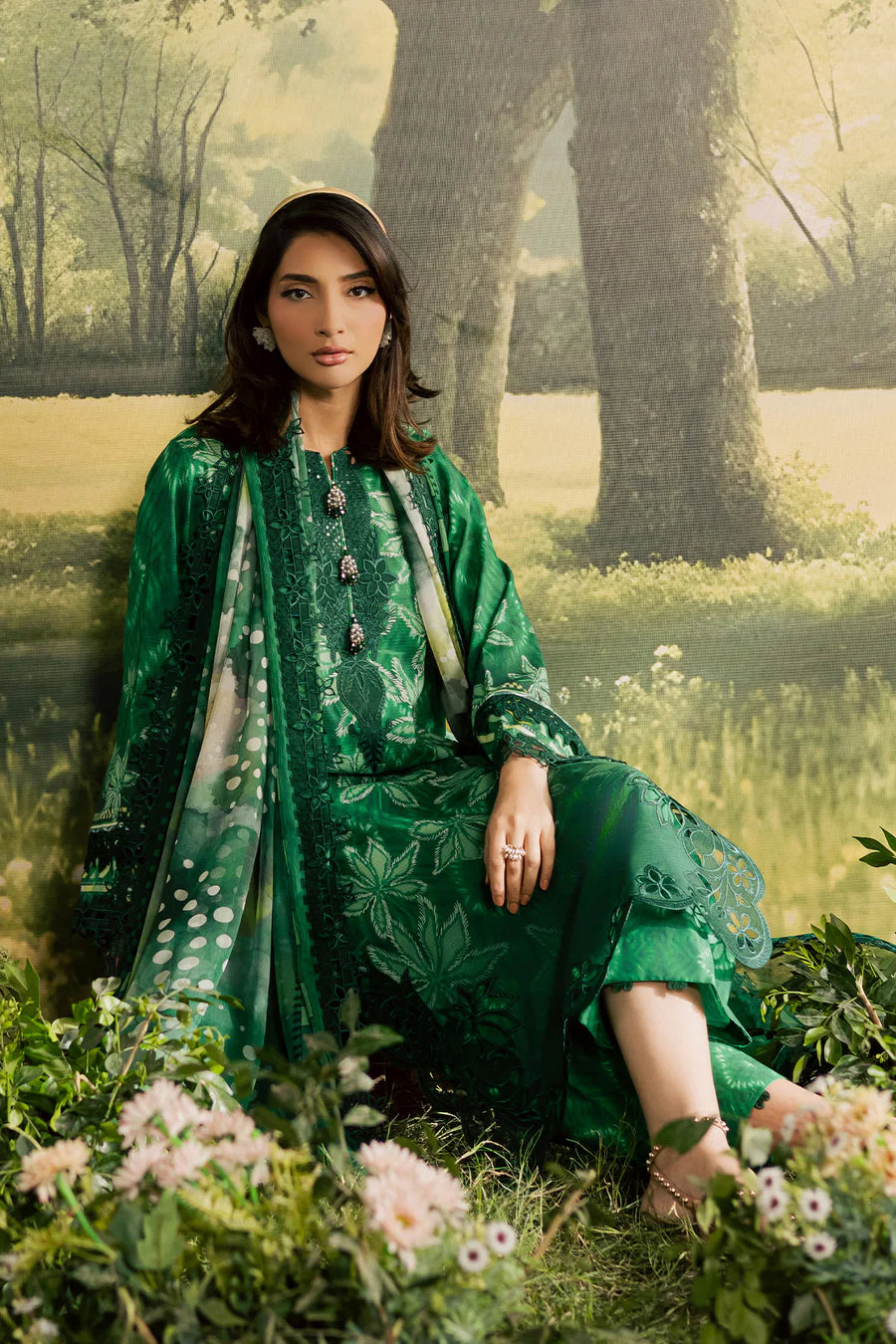 NUREH BLOOM Embroidered & Printed Doriya Lawn 3 Piece Unstitched Suit (BL-17)