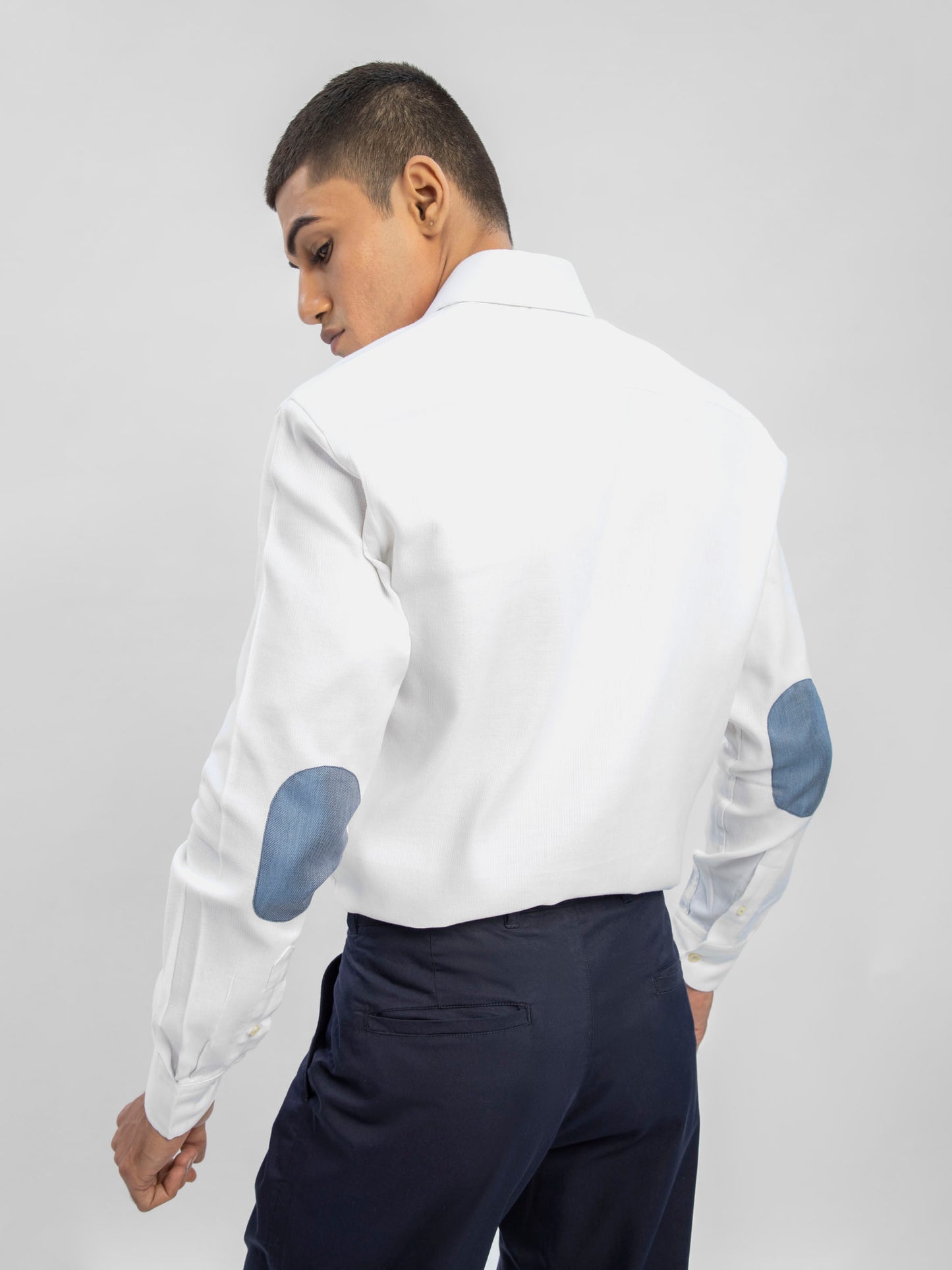 White 6072 Structured Shirt With Blue Elbow Patch-SS2024