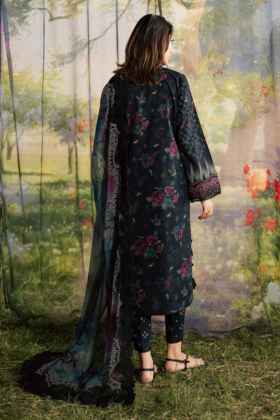 NUREH BLOOM Embroidered & Printed Doriya Lawn 3 Piece Unstitched Suit (BL-18)
