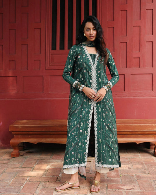 Qalamkar Qprints | Digital Printed Lawn Chikankari Embroidered Suit | GREER