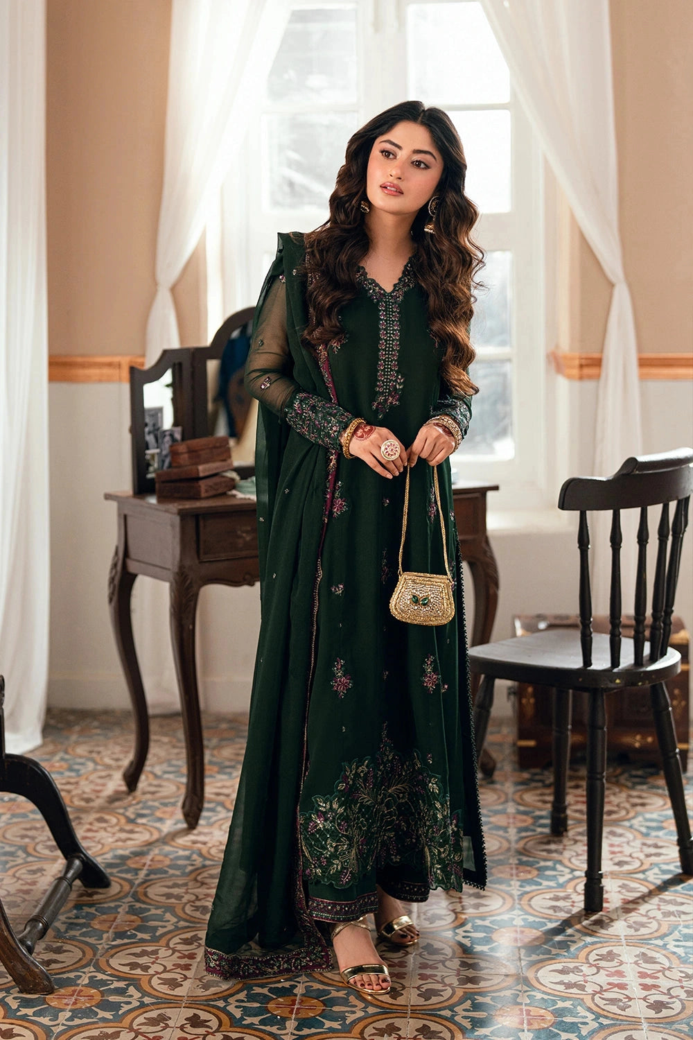 AZURE - EID ENSEMBLES unstitch chiffon 3 pc suite (Glimmer Green)