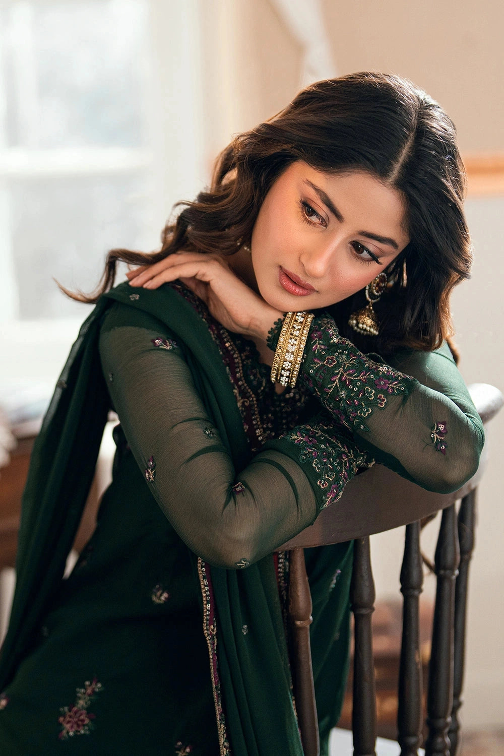 AZURE - EID ENSEMBLES unstitch chiffon 3 pc suite (Glimmer Green)