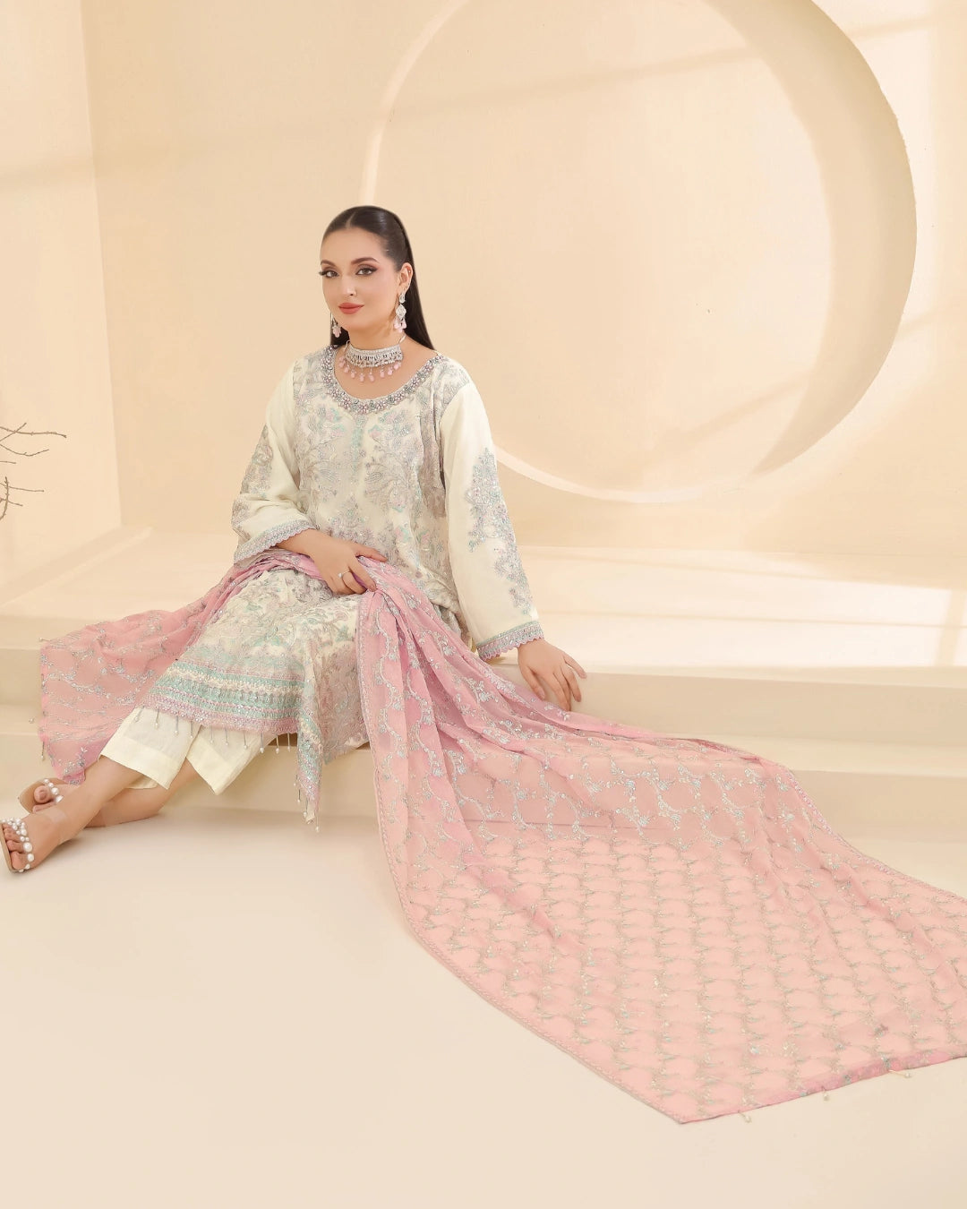 Embroidered Bamber Chiffon Suit With La Bella Viscose Jacquard Trouser D-002