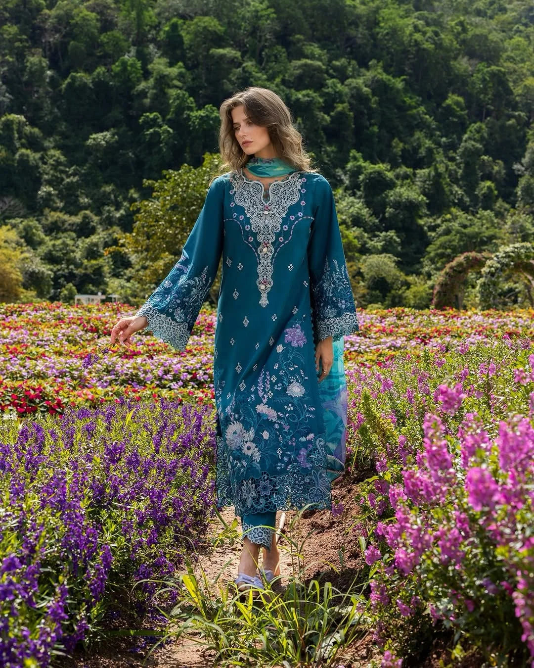 Emerald Fern – Chikan Embroidered Lawn with Chiffon Dupatta