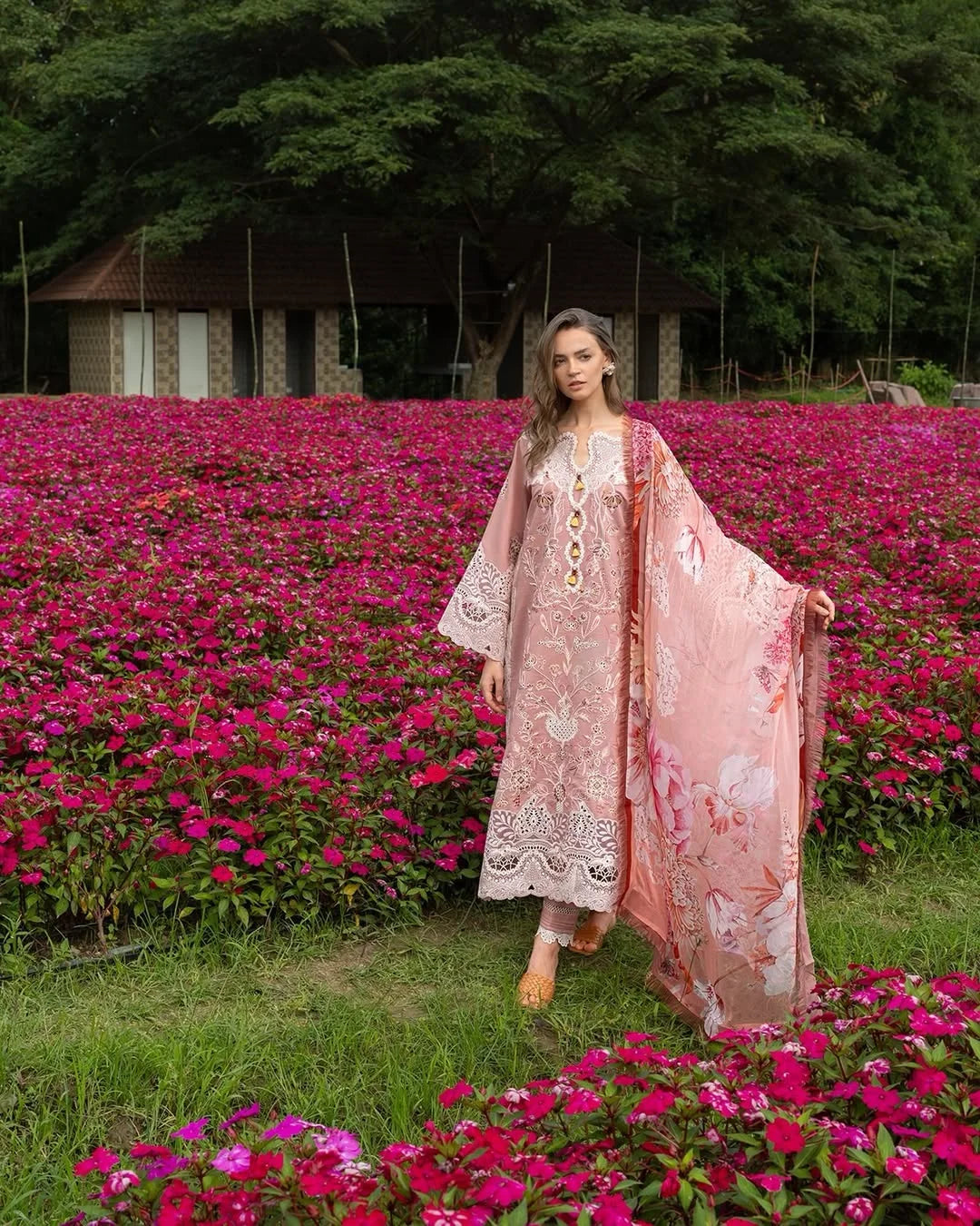 Peach Blossom – Chikan Embroidered Lawn with Chiffon Dupatta