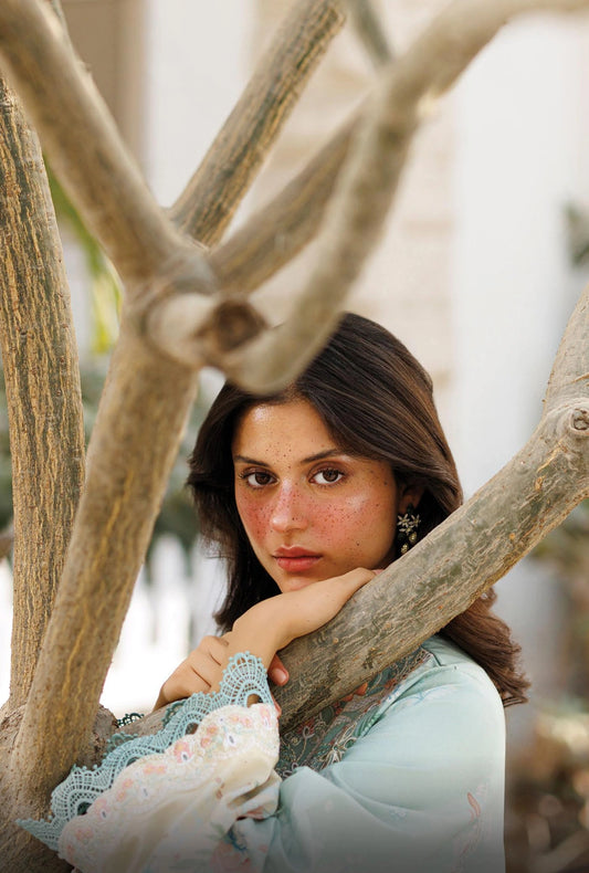 Afrozeh SELEA 3-Piece Unstitched Lawn Suit | Pastel Aqua Floral Embroidered Shirt with Coordinated Trousers