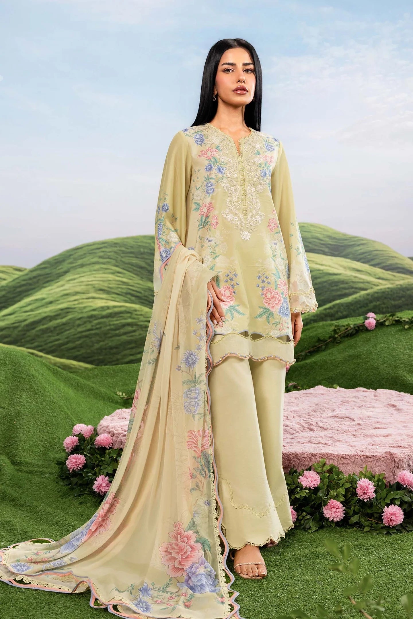 MariaB MBasics-Embroidered Lawn 3 Piece Unstitched Suit with Chiffon Dupatta (D11A)
