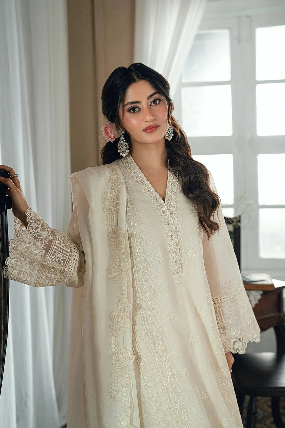 AZURE - EID ENSEMBLES unstitch chiffon 3 pc suite (Ivory Petal)