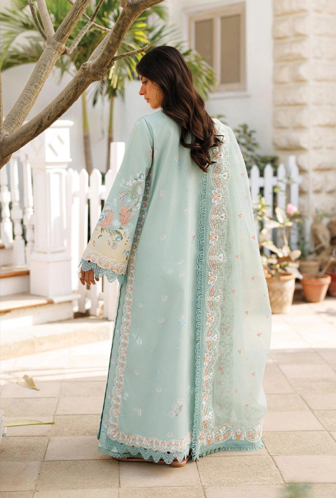 Afrozeh SELEA 3-Piece Unstitched Lawn Suit | Pastel Aqua Floral Embroidered Shirt with Coordinated Trousers