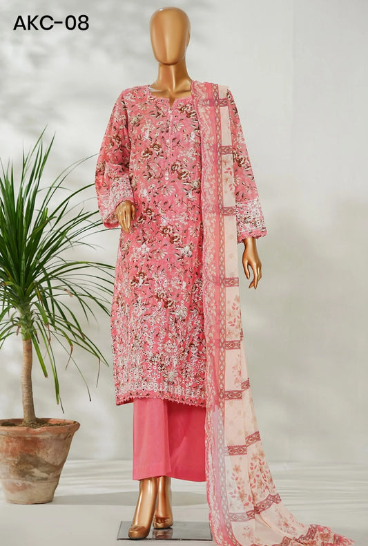 Amna Khadija Ismet Chikankari Embroidered Bana Dora Lawn Stitched 3 Piece Suit - AKC-08 | Pink | Summer Collection