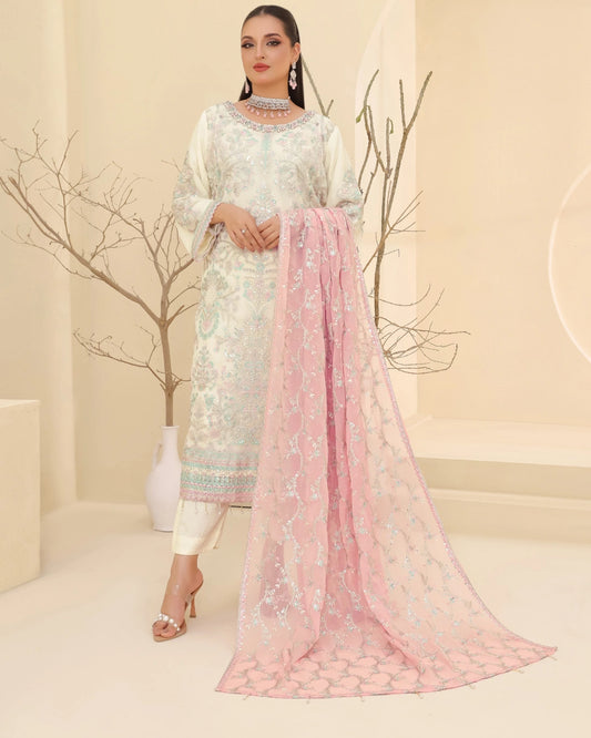 Tawakkal Embroidered Bamber Chiffon Suit With La Bella Viscose Jacquard Trouser D-003