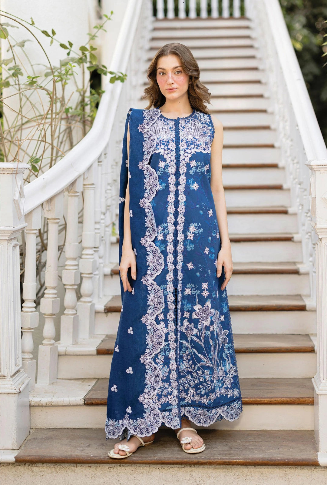 Afrozeh CELESTARA 3-Piece Unstitched Lawn Suit | Royal Blue Sleeveless Embroidered Shirt with Matching Dupatta