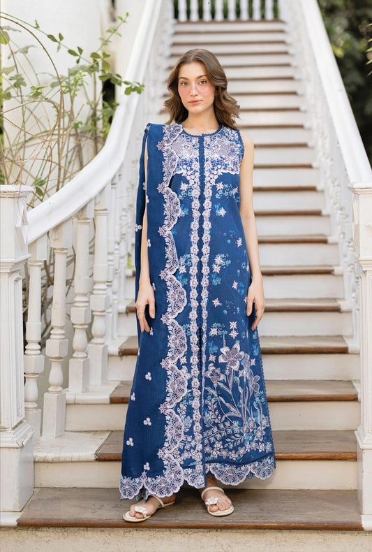 Afrozeh CELESTARA 3-Piece Unstitched Lawn Suit | Royal Blue Sleeveless Embroidered Shirt with Matching Dupatta