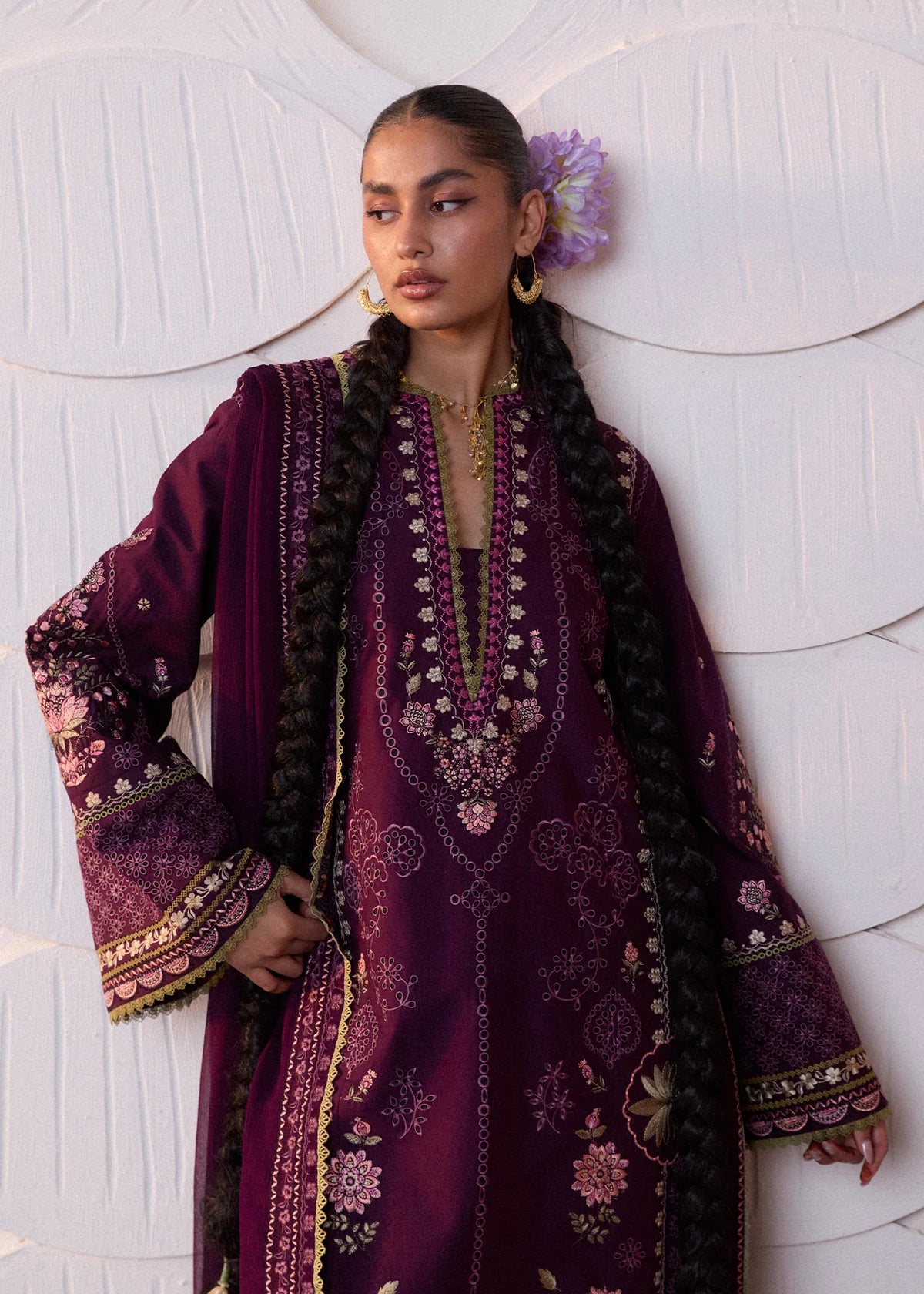 Hussain Rehar by Zun - Embroidered Lawn 3 Piece Unstitched Suit – Plum (Banafsh)