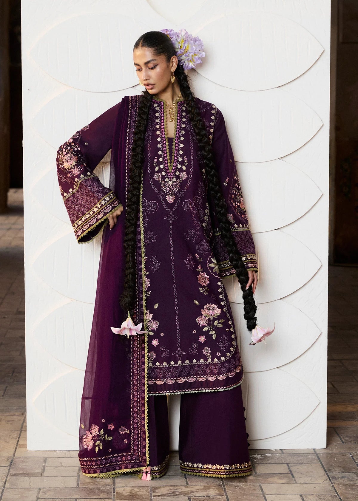 Hussain Rehar by Zun - Embroidered Lawn 3 Piece Unstitched Suit – Plum (Banafsh)
