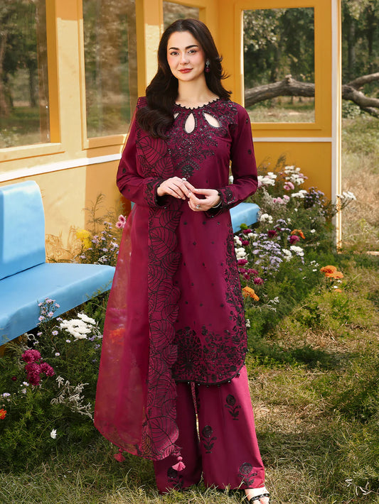 Janaan Premium Chikankari Jacquard 3-Piece Stitched suite (Cherry)