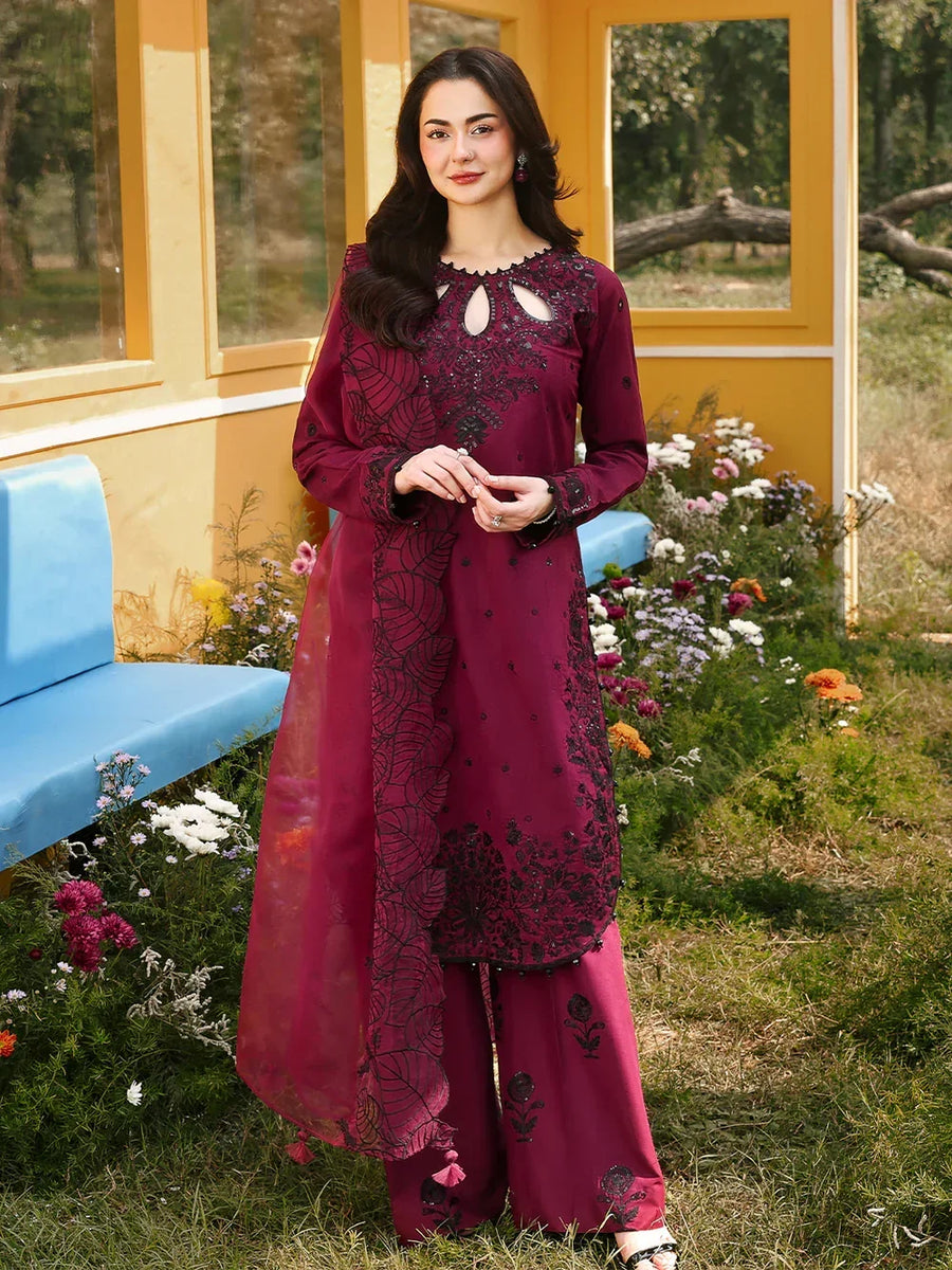 Janaan Premium Chikankari Jacquard 3-Piece Stitched suite (Cherry)