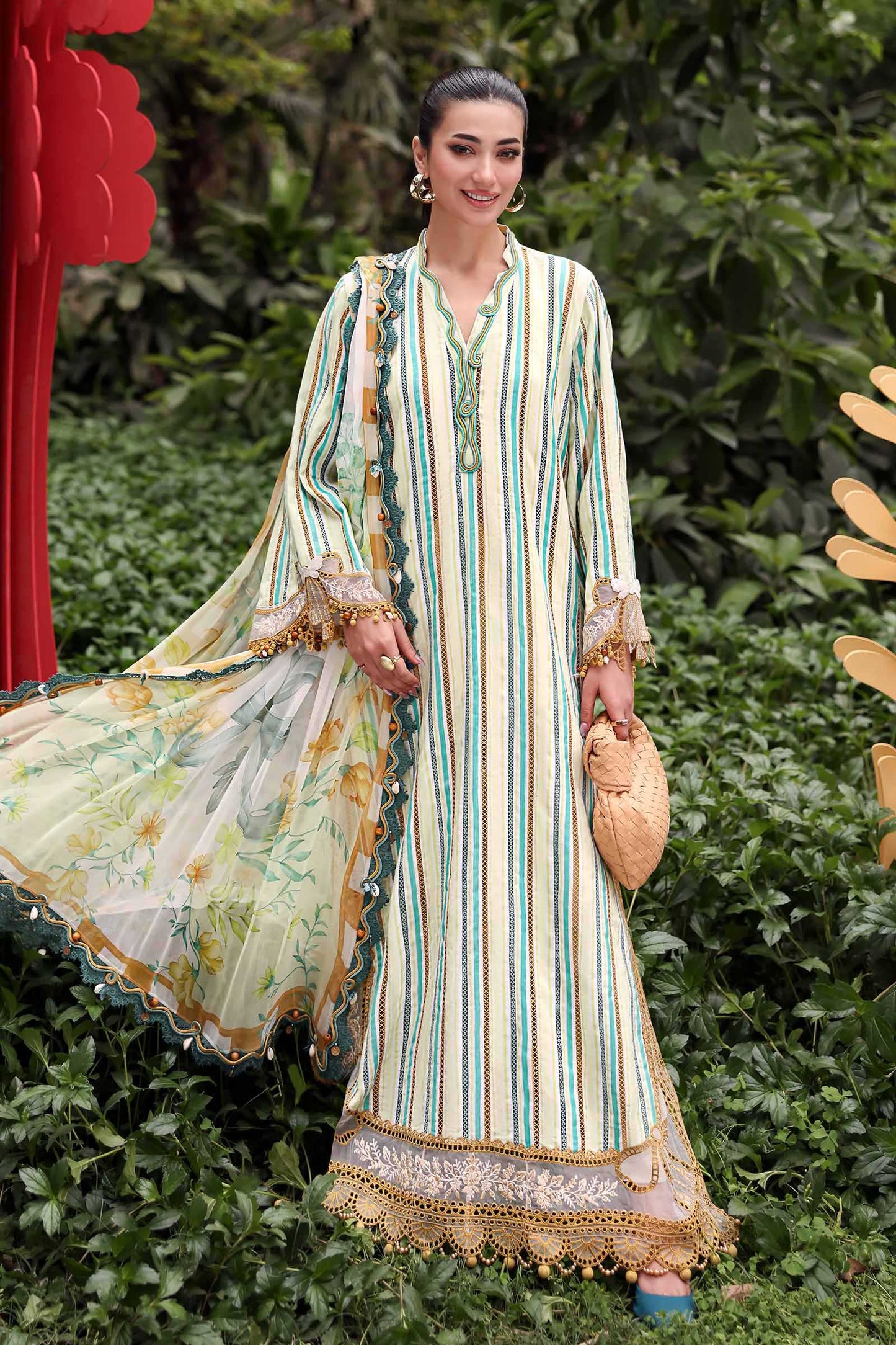Maria.B M.PRINTS Embroidered Lawn 3 Piece Unstitched Suit –  Mustard & Green (02B)