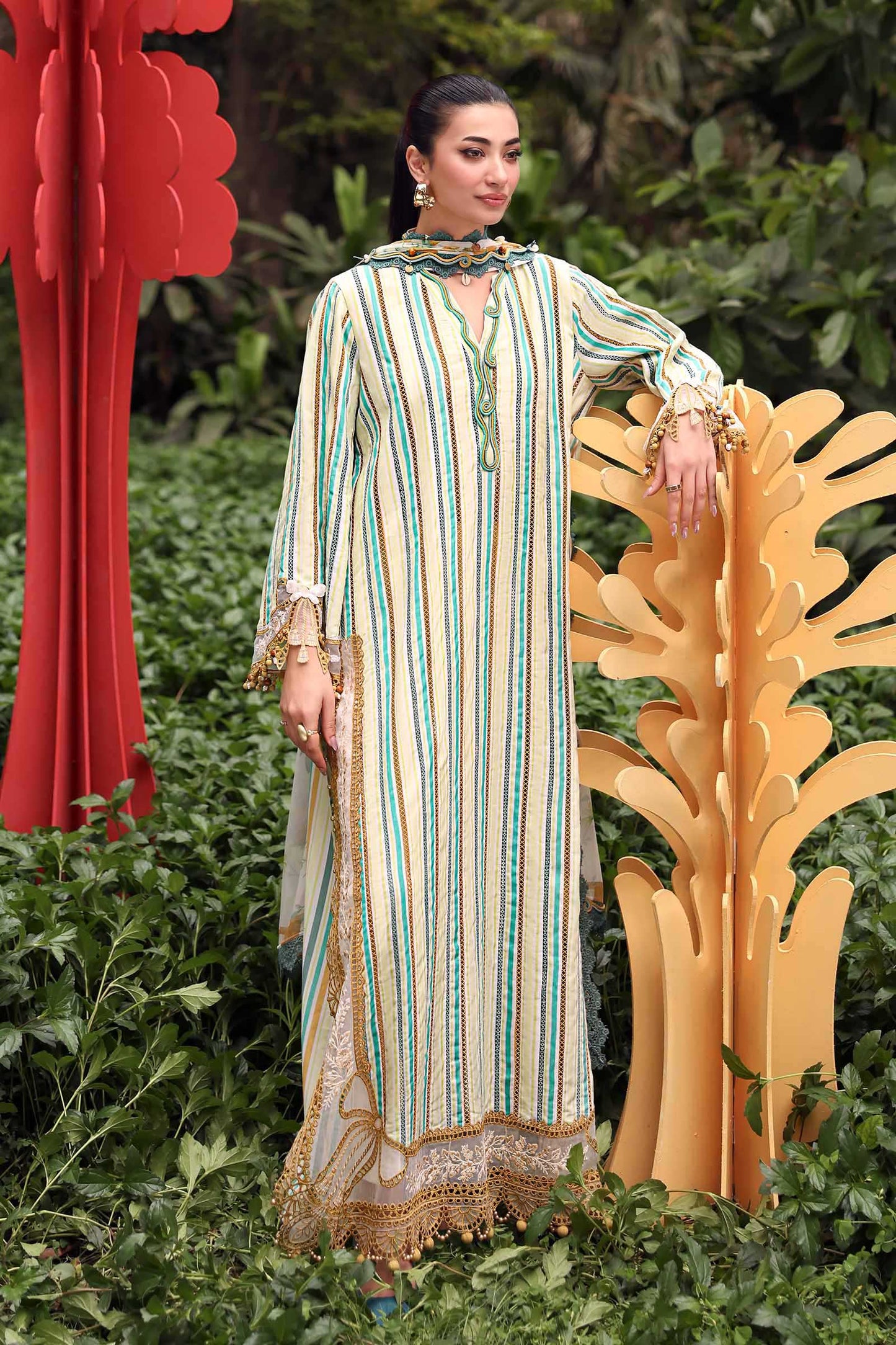 Maria.B M.PRINTS Embroidered Lawn 3 Piece Unstitched Suit –  Mustard & Green (02B)