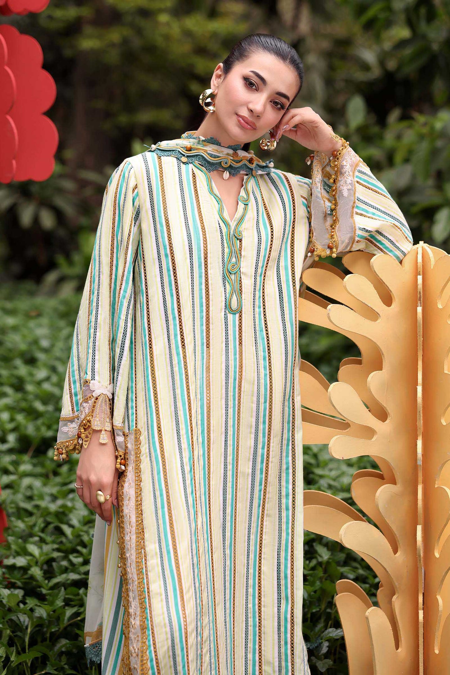 Maria.B M.PRINTS Embroidered Lawn 3 Piece Unstitched Suit –  Mustard & Green (02B)