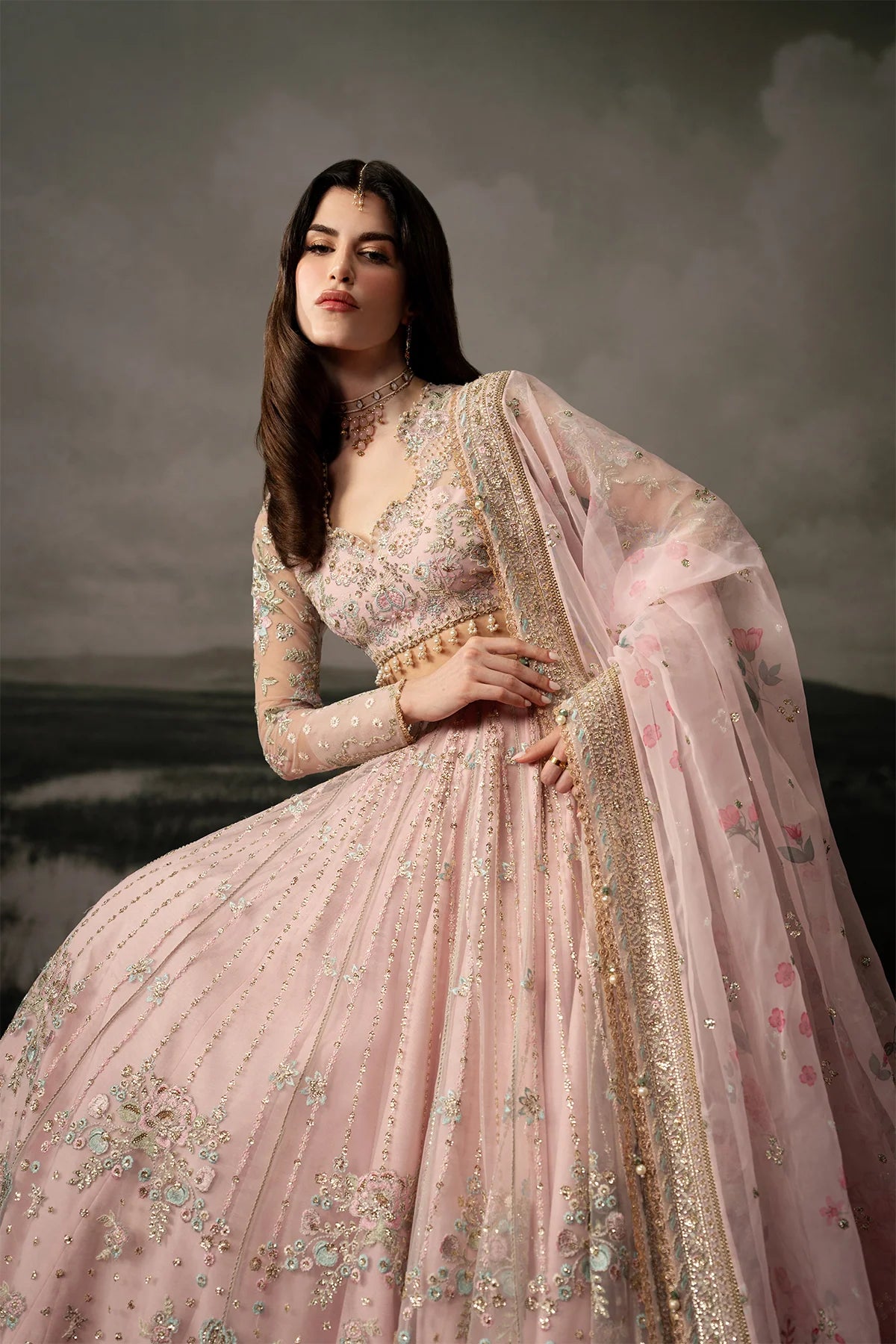 Afrozeh Aure Unstitched 3 Piece Embroidered Net Suit with Lehnga (Noblesse)