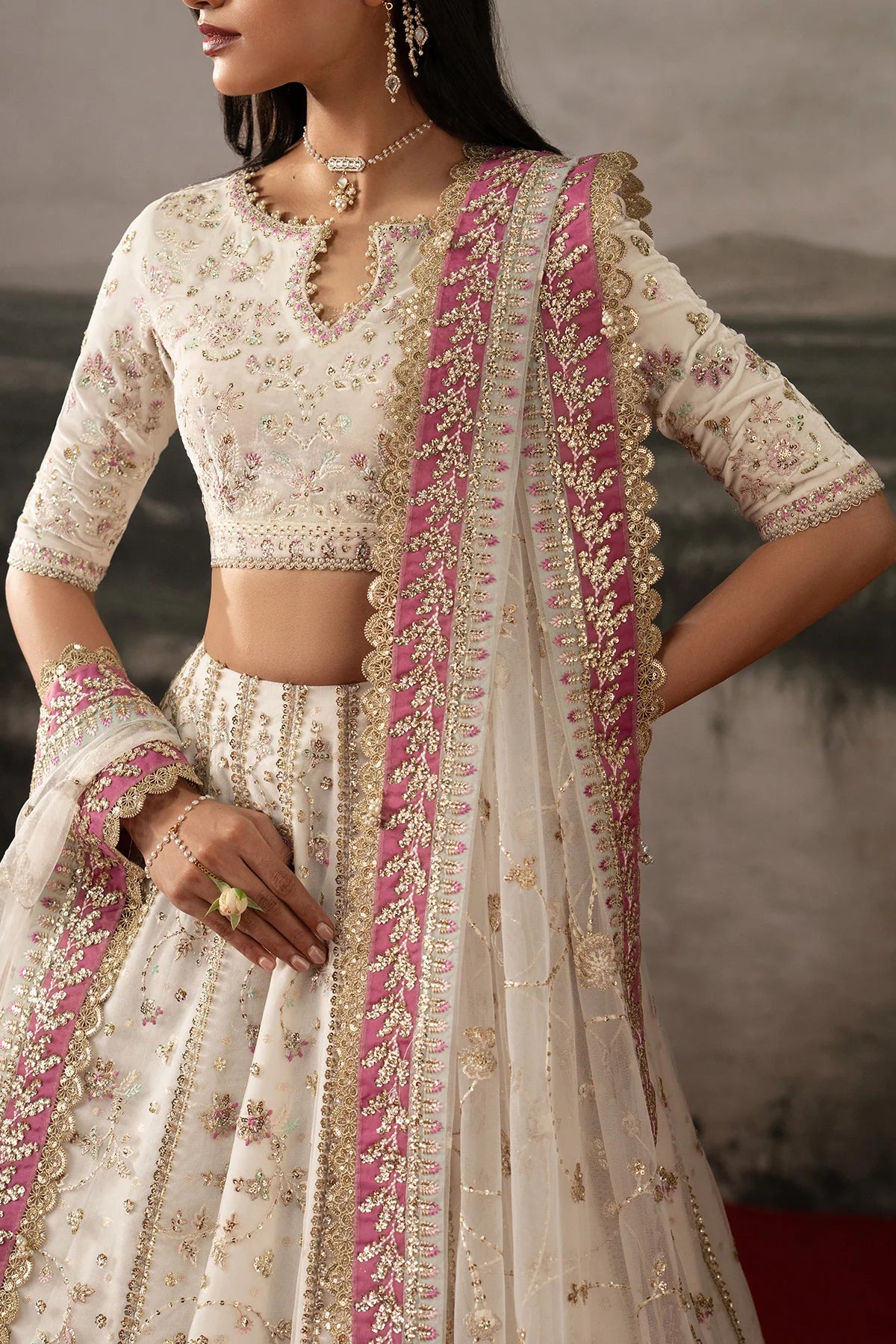 Afrozeh Aure Unstitched 3 Piece Embroidered Velvet Suit with Net Lehnga (Parure)