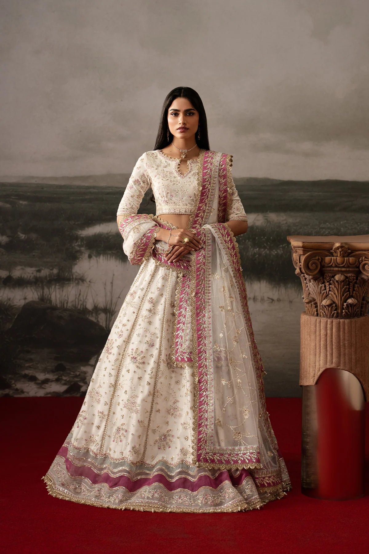 Afrozeh Aure Unstitched 3 Piece Embroidered Velvet Suit with Net Lehnga (Parure)