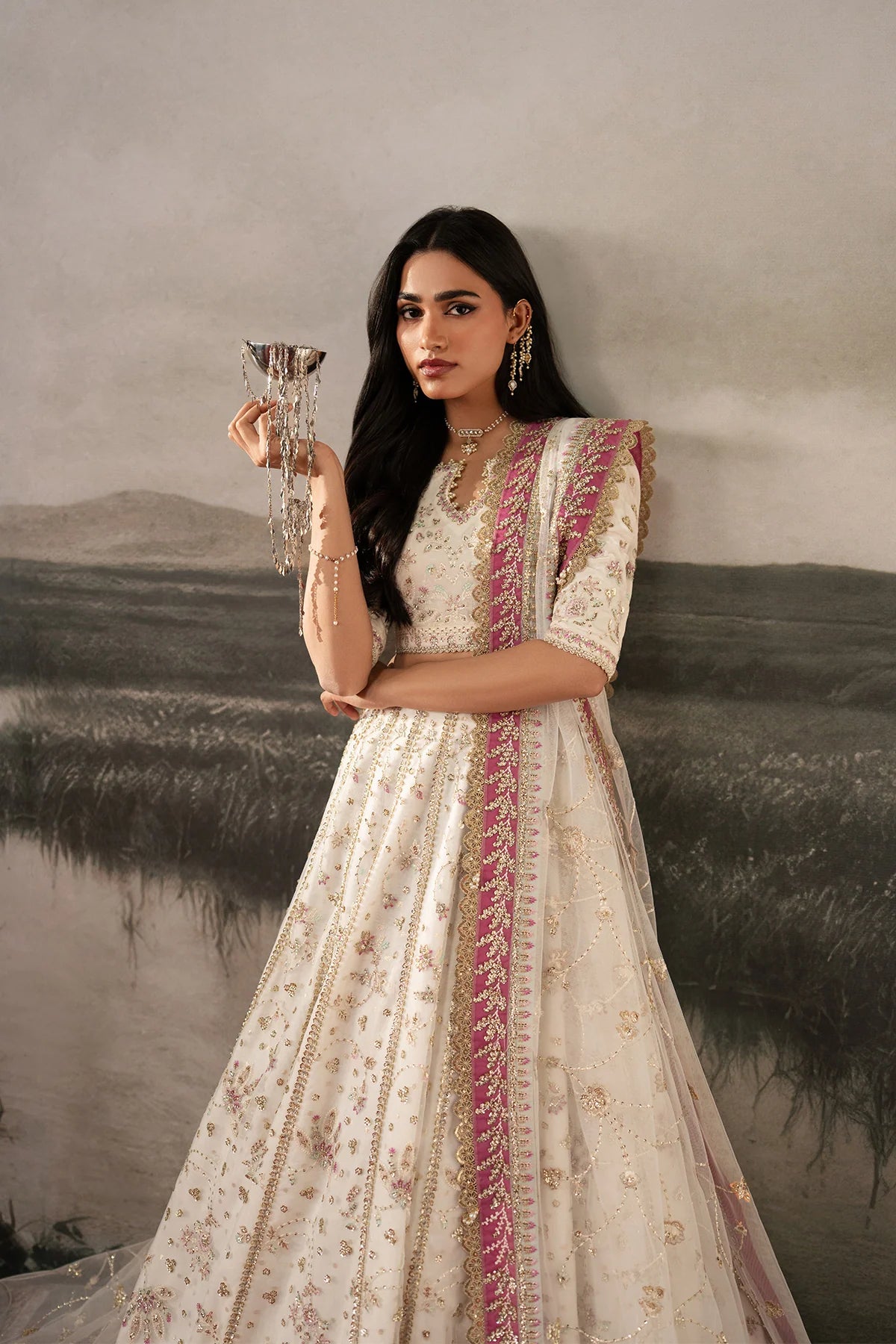 Afrozeh Aure Unstitched 3 Piece Embroidered Velvet Suit with Net Lehnga (Parure)