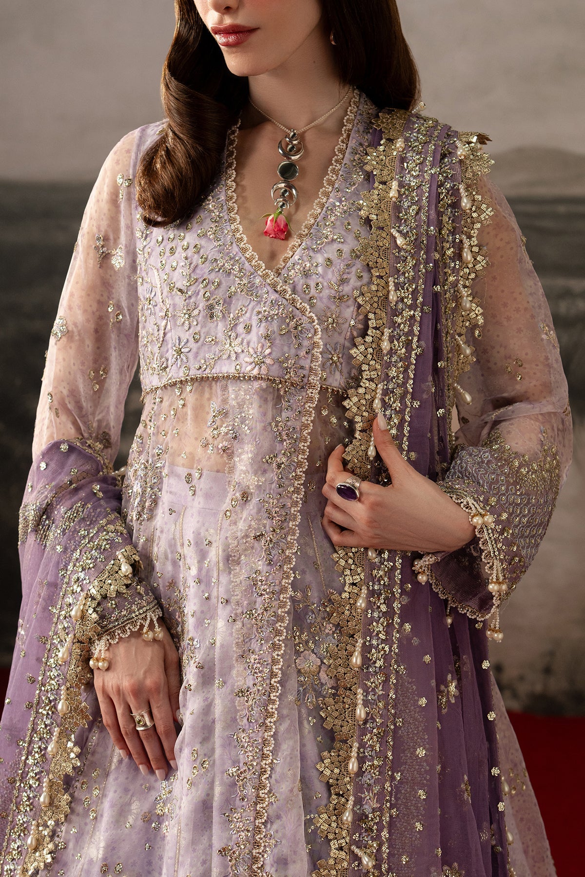 Afrozeh Aure Unstitched 3 Piece Embroidered Organza Suit with Raw Silk Lehnga (Monet)