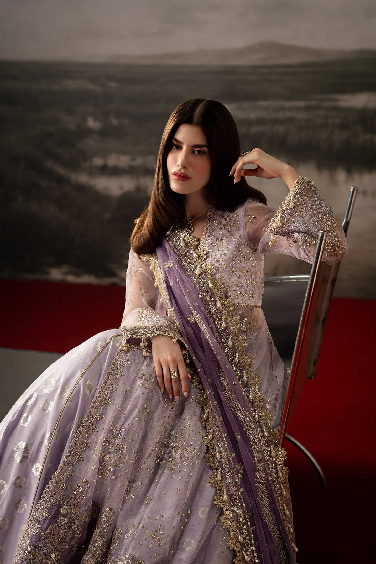Afrozeh Aure Unstitched 3 Piece Embroidered Organza Suit with Raw Silk Lehnga (Monet)