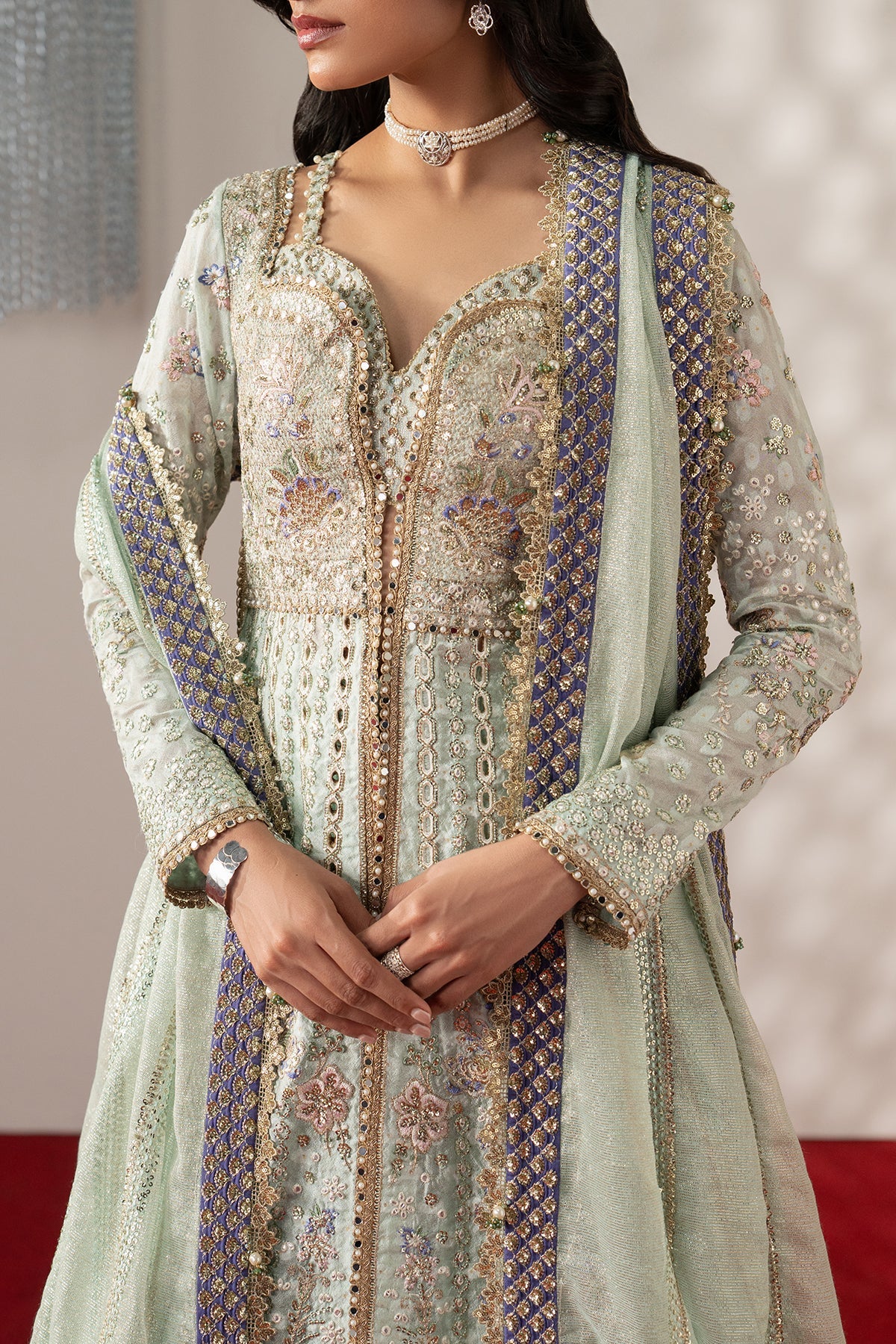 Afrozeh Aure Unstitched 3 Piece Embroidered Cotton Jacquard Suit with Raw Silk Sharara (Marais)