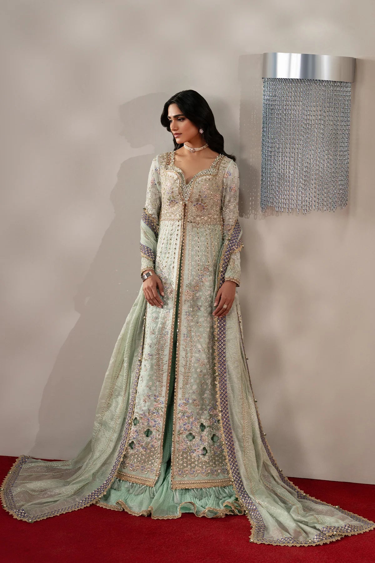 Afrozeh Aure Unstitched 3 Piece Embroidered Cotton Jacquard Suit with Raw Silk Sharara (Marais)